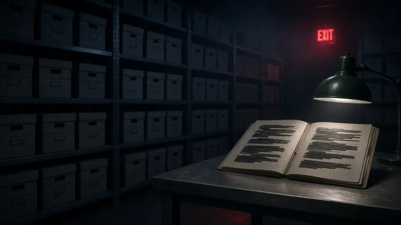 Illustration: a government records room at night, rows of grey file boxes stamped with blank red classification bands, one folder open on a table with every page blacked out under a desk lamp