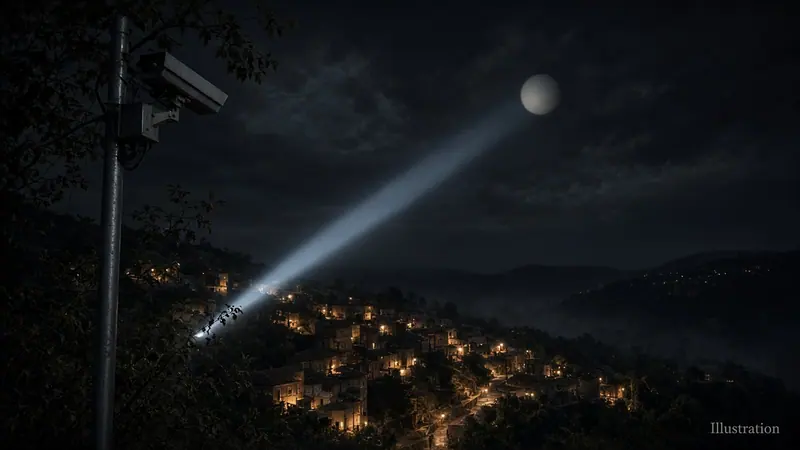 Illustration: a security camera on a pole above a hillside village at night, a searchlight beam reaching toward a pale, balloon-like orb hanging high in the dark sky