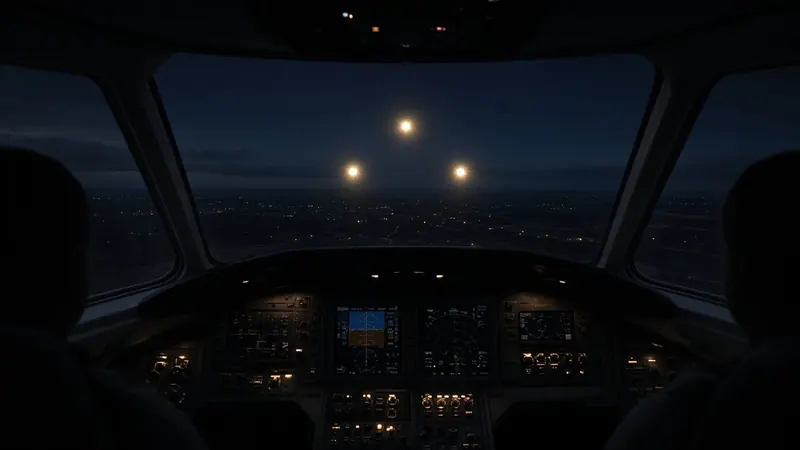 Illustration: three small lights in the night sky, seen from inside a dark airliner cockpit