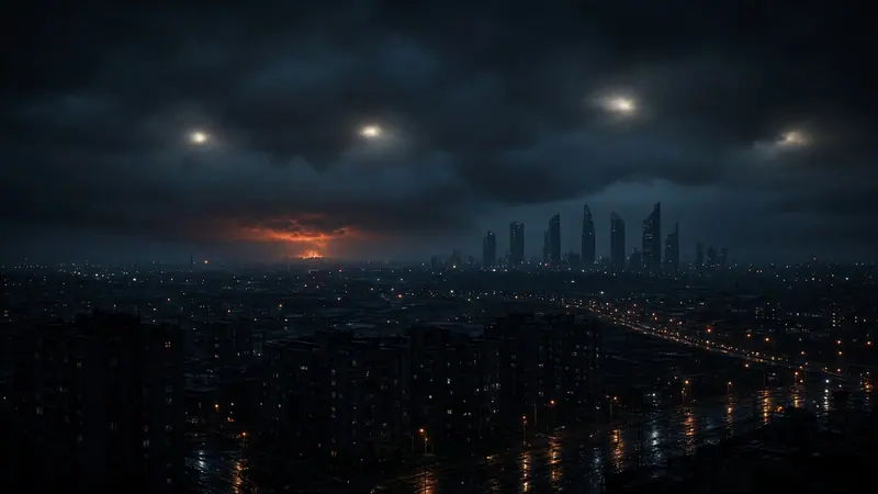 Illustration: a modern steppe city at night under low, rain-heavy clouds, several blurred points of light glowing inside the cloud deck above dark apartment towers