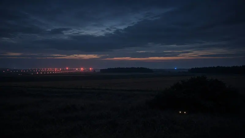 Illustration: flat Bavarian farmland and a dark thicket at dusk, runway lights of a distant airport glowing on the horizon and a faint pair of eyeshine low among the shrubs