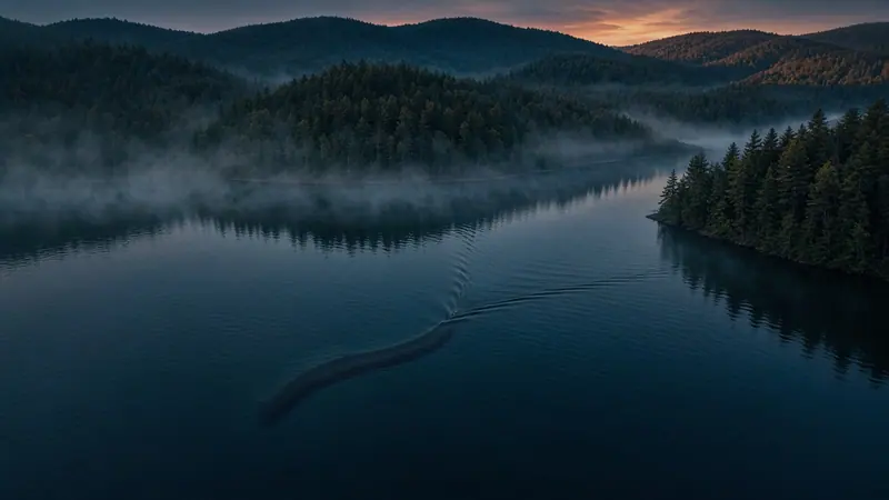 Illustration: a long dark shape beneath the surface of a misty, forest-ringed lake, seen from above