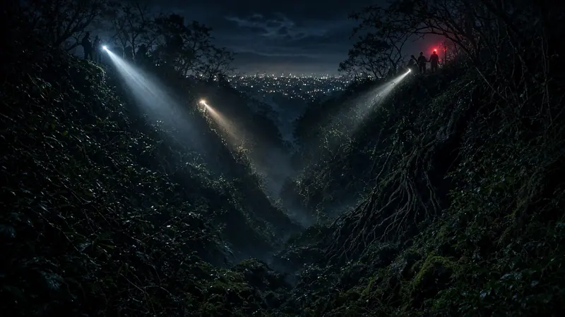 Illustration: flashlight beams sweeping through a wooded ravine at night