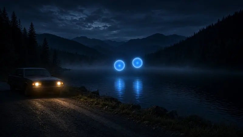 Illustration: two glowing blue orbs hovering low over a dark mountain lake at night, a car pulled over at a lakeside overlook with its headlights on