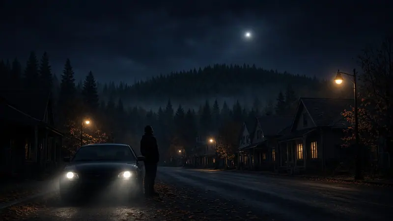 Illustration: a glowing orb above a dark rural road at night, a parked car and a lone silhouette below