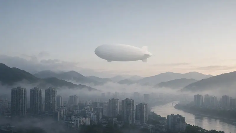 Illustration: a long, pale airship-like object over misty mountains and a riverside city