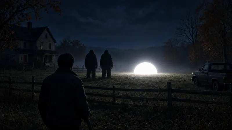 Illustration: a glowing sphere in a dark field, two tall shadowy figures near it and an onlooker in the foreground