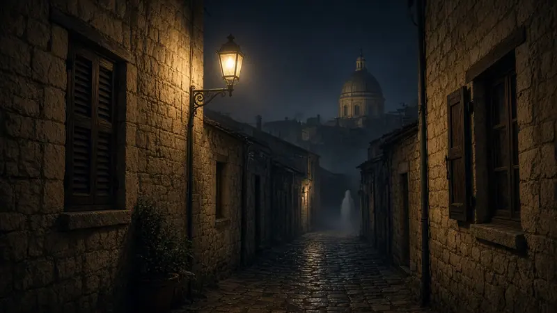 Illustration: a narrow stone street at night under a lantern, a church dome in the distance