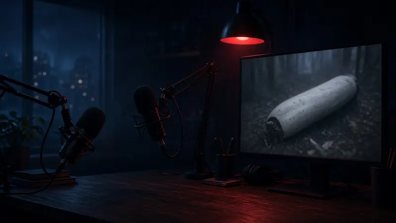 Illustration: a podcast studio at night, two empty microphones under a red lamp, a blurred archive photo of a wrecked craft in a dark forest on the monitor