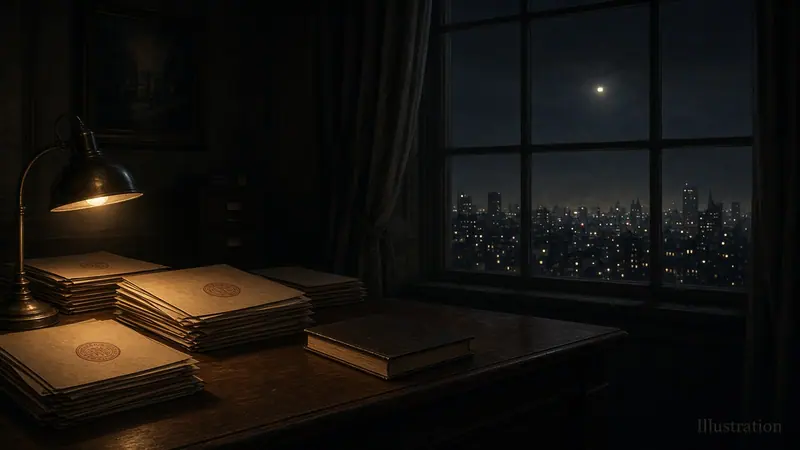 Illustration: a dim government office at night, a brass desk lamp lighting stacks of manila folders with blank red seals and a closed hardcover book, a city skyline through a tall window and one faint light high in the night sky