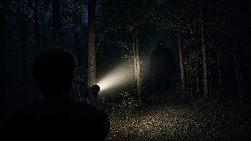Illustration: a flashlight beam reaching toward a tall shape with glowing eyes in dark woods