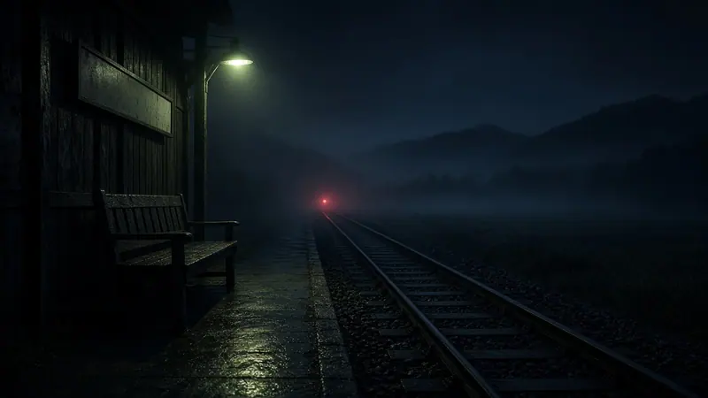 Illustration: an empty rural train platform at night in fog, a red signal light down the tracks