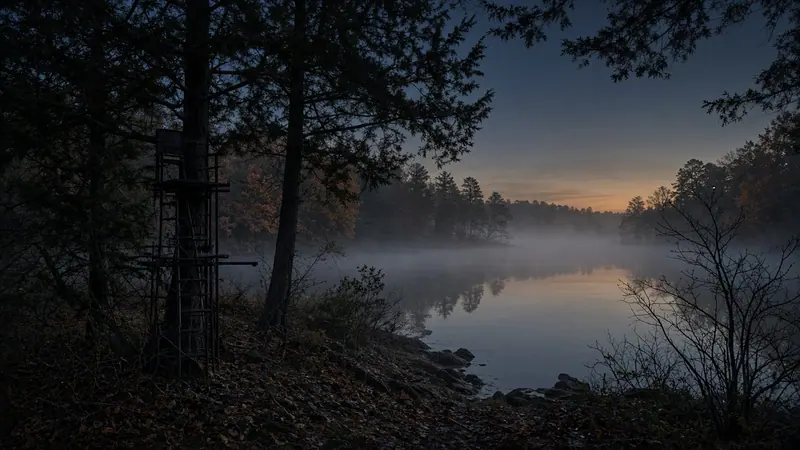Illustration: a still lake at dawn, mist over the water, a hunter's tree stand among cedars and hardwoods on a point