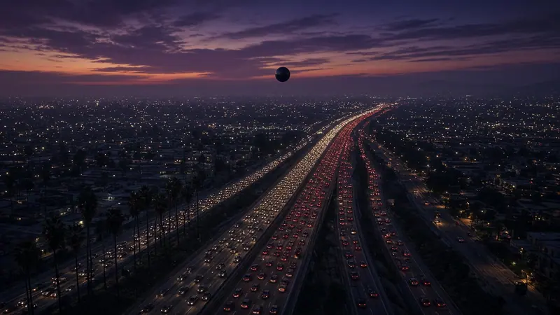 Illustration: a small dark sphere hanging above a long, lit freeway at dusk