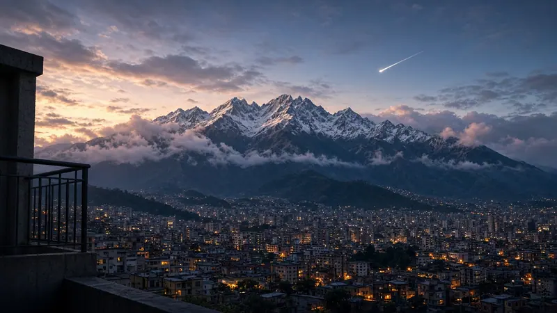 Illustration: a white streak of light above snow-capped peaks and a city at twilight
