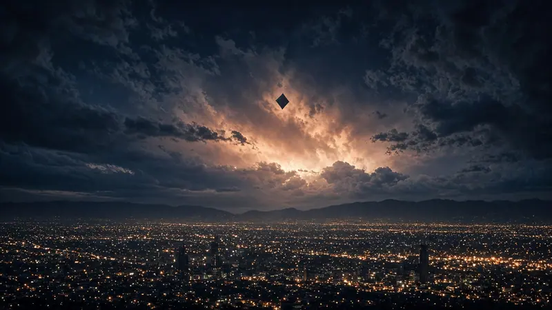 Illustration: a dark diamond shape in a glowing break in the clouds above a city at night