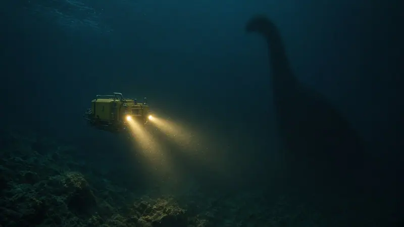 Illustration: a small submarine's lights in deep lake water, a long-necked shadow beyond