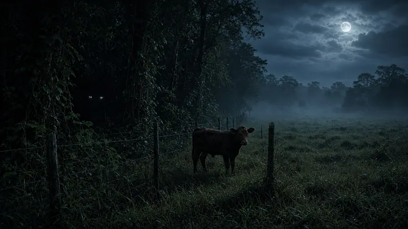 Illustration: a dark patch of subtropical forest beside a moonlit pasture, a lone calf near a fence and a pair of eyes catching the light among the trees