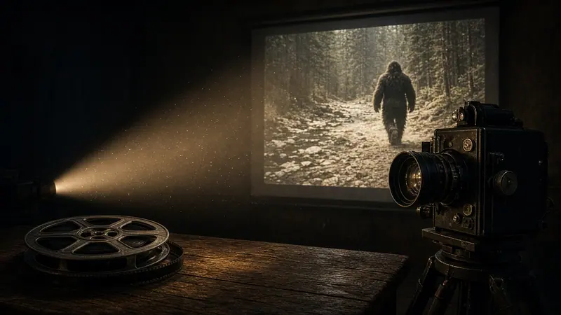 Illustration: a projector beam lighting a screen that shows a tall dark figure in a snowy forest
