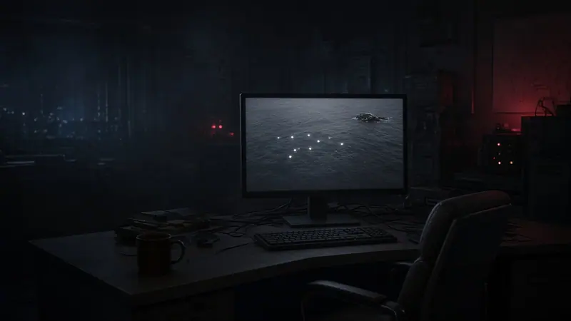 Illustration: a dim operations room at night, a single glowing monitor showing a grey sea and six small bright points in a loose cluster, an empty chair in front of it