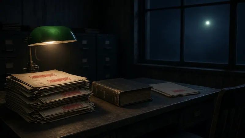 Illustration: stacks of files under a green desk lamp in a dark office, a light visible through the window