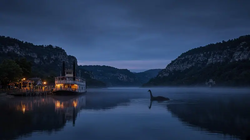 Illustration: a long shape in the still water of a moonlit river lake, a lit paddle boat in the distance