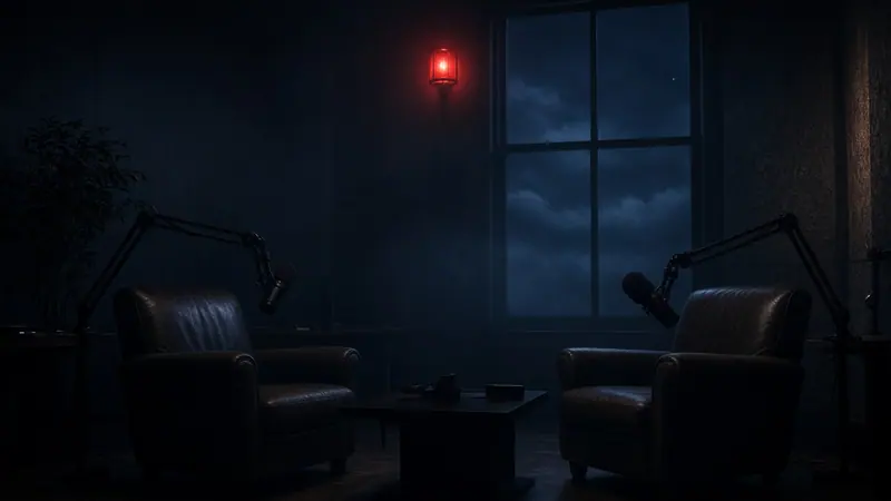 Illustration: two empty leather chairs and studio microphones in a dim podcast set, a window behind them showing a night sky with a faint, distant point of light