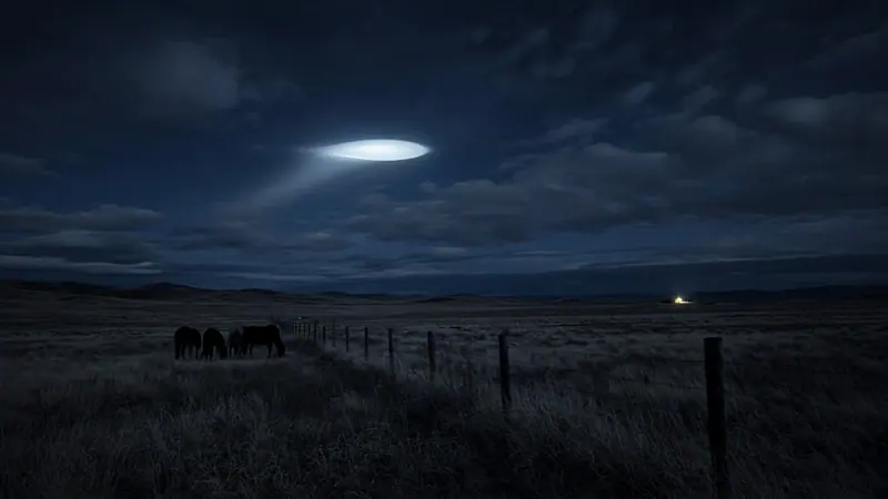 Illustration: a bright light in the clouds above an empty steppe and a fence line at night, horses far off