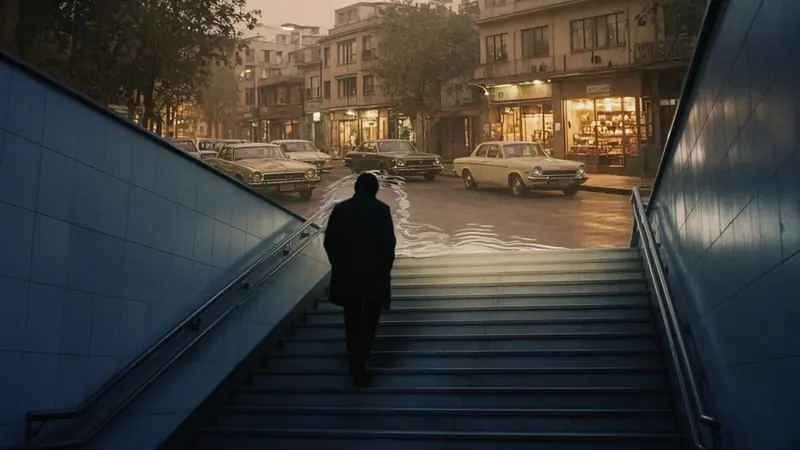 Illustration: a figure seen from behind climbing subway stairs into an old-fashioned city street