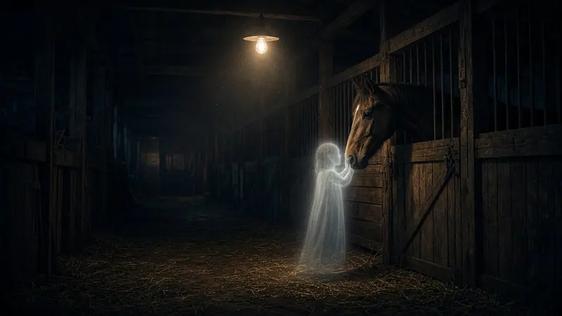 Illustration: a small, pale, translucent figure beside a horse in a dark stable