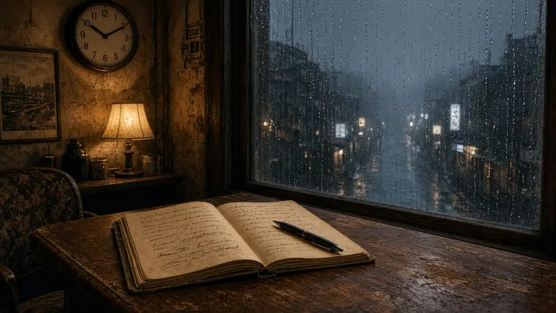Illustration: an open notebook on a desk by a rain-streaked window over a city street at night