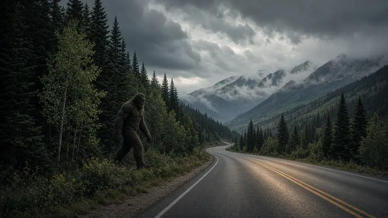 Illustration: a tall dark figure at the forest edge beside a mountain highway under gray skies