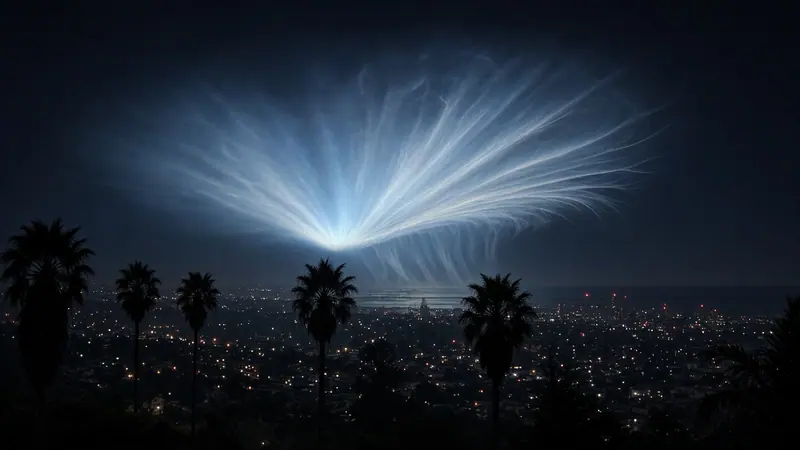 Illustration: a glowing, fan-shaped rocket exhaust plume spreading high over a dark coastal city skyline at night, palm silhouettes in the foreground