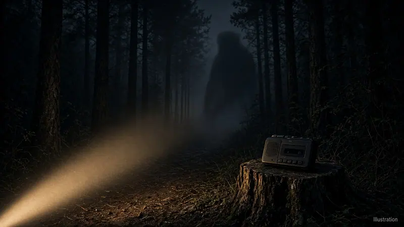 Illustration: a dark pine forest trail at night lit by a single flashlight beam, a small audio recorder on a stump in the foreground, a huge indistinct dark shape between distant trunks