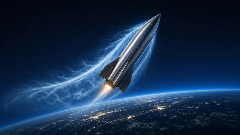 Illustration: a rocket climbing above the Earth trailing a curved blue-white streak