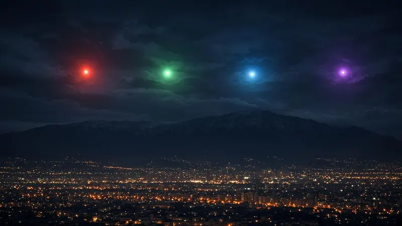 Illustration: red, green, blue and violet lights in the sky above a mountain ridge and a city at night