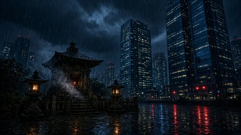 Illustration: a small shrine with lanterns in heavy rain among glass office towers at night