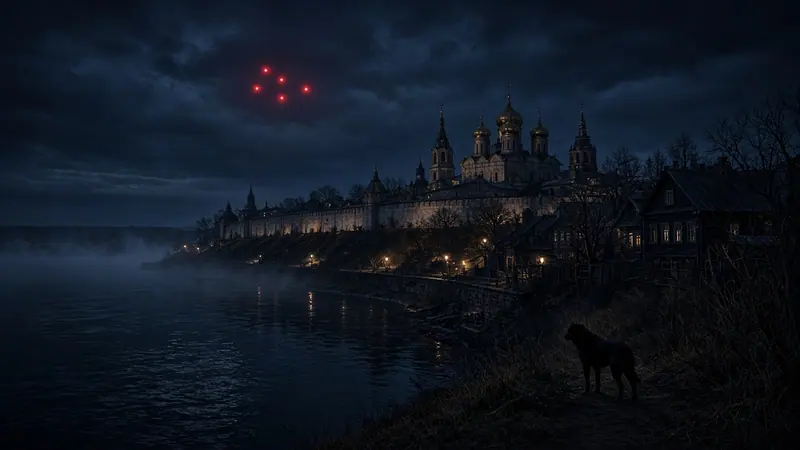 Illustration: red lights over a riverside town with church domes at night