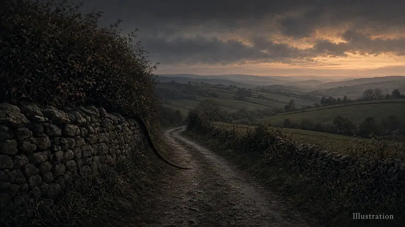 Illustration: a country lane beside a dry-stone wall and hedgerow at dusk, rolling Cotswold fields beyond, a long thin dark tail disappearing into the hedge