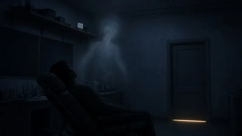 Illustration: a person resting in a reclining chair in a dark room as a pale form drifts above, light under a closed door