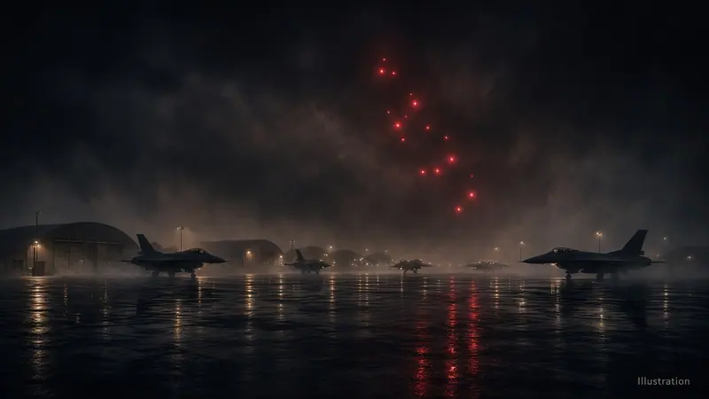 Illustration: a wet air base flight line at night with hangars and parked jets in silhouette, a loose cluster of small red lights hanging in the dark clouds above