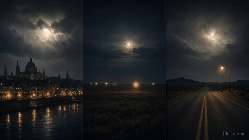 Illustration: a three-part night scene of a European city skyline under a bright light in the clouds, a dark Midwestern field with glowing orbs, and an empty Texas highway beneath a single light