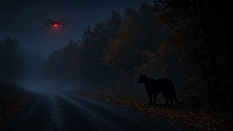 Illustration: a large cat's silhouette at the edge of a dark autumn wood beside a quiet road, a drone's red light hovering above the trees
